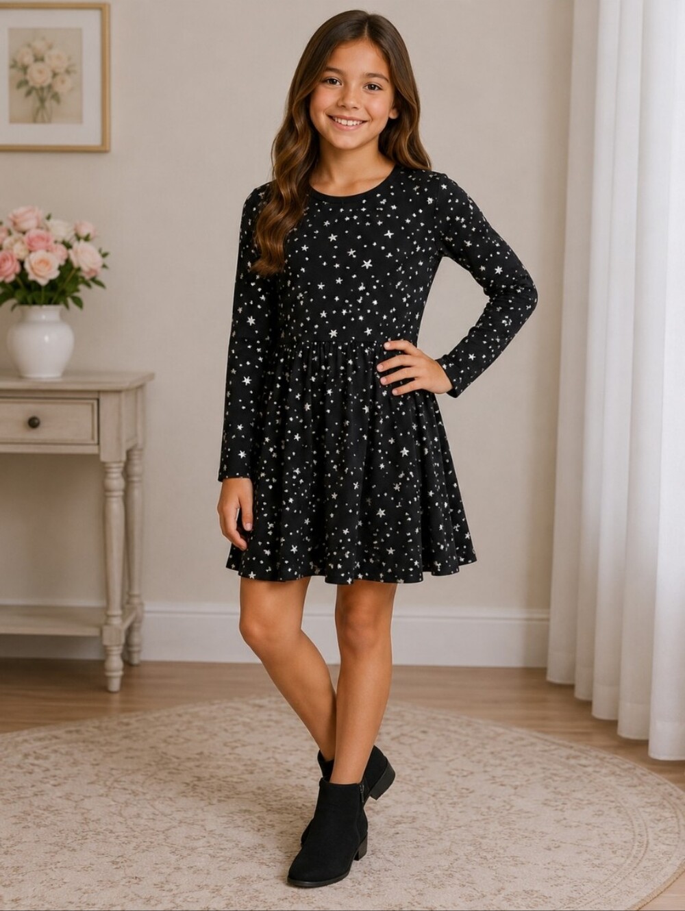 BCBGIRLS Black Stretchy Long Sleeve Silver Metallic Stars Detail L 8-10